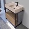 Console Sink Vanity With Beige Travertine Design Ceramic Sink and Natural Brown Oak Drawer, 35